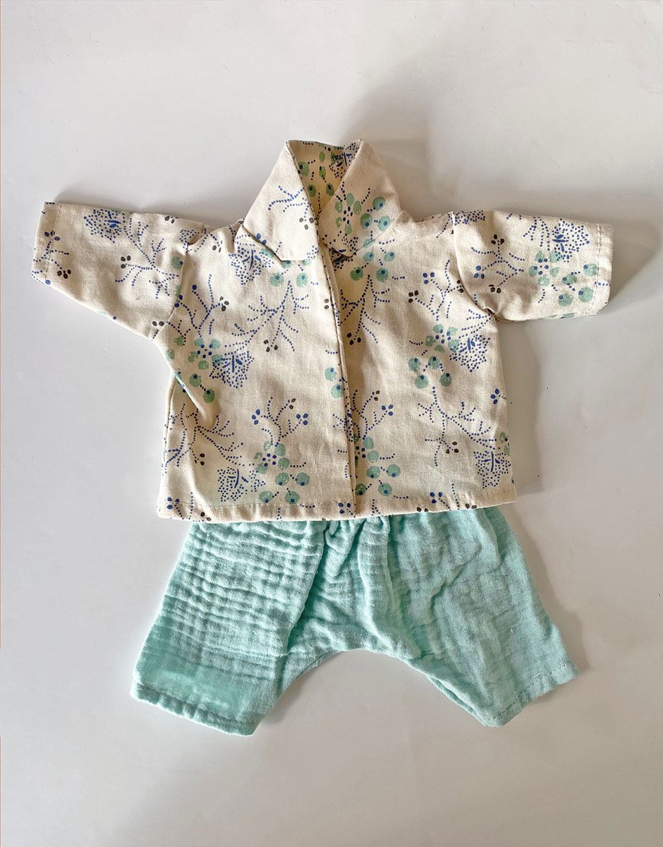 *Pantalon Gaston en double gaze Vert d’eau et son haut de pyjama fleur bleue