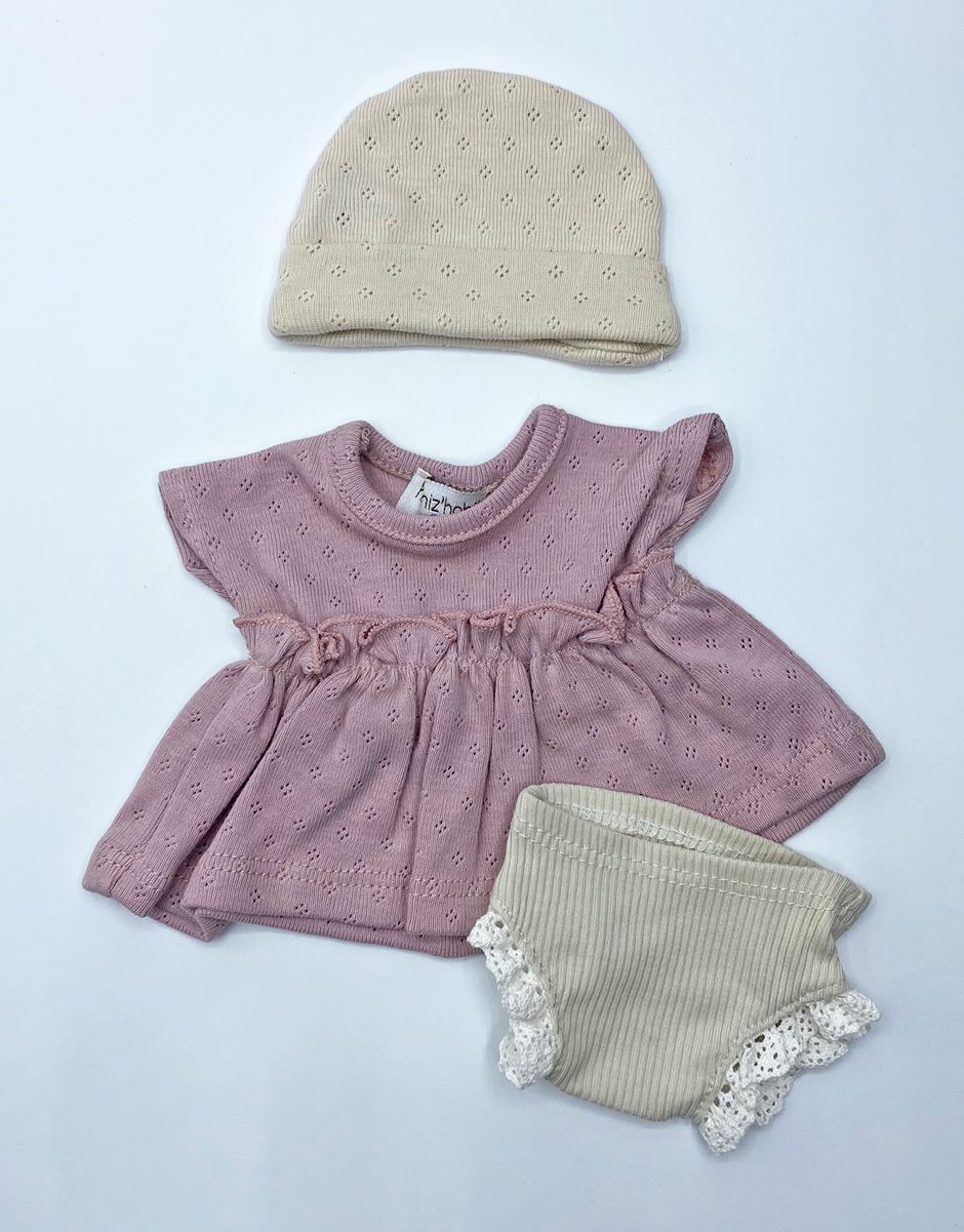 *Babies – Robe pointillé rose orchidée / culotte lin et sa dentelle / Bonnet pointillé lin