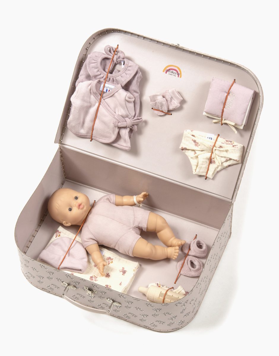Ma Valise d’antan “Kit de Naissance” Petites Fleurs roses (Babies au choix)