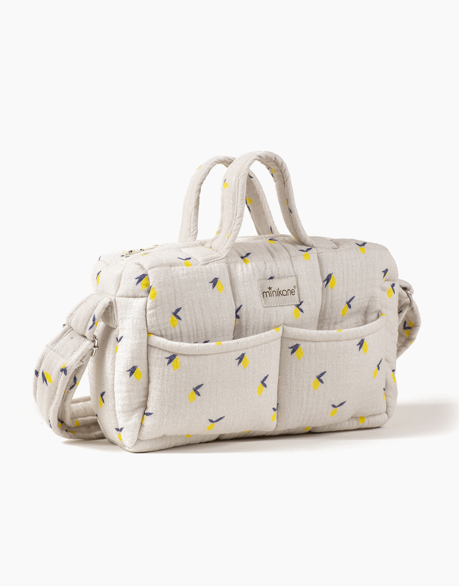 Accessoire sac à langer en coton motif Citrons pour poupées et poupons Minikane.