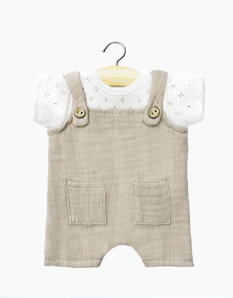 Babies – Salopette Antonin en double gaze galet et son t-shirt pointillé rayures blanc
