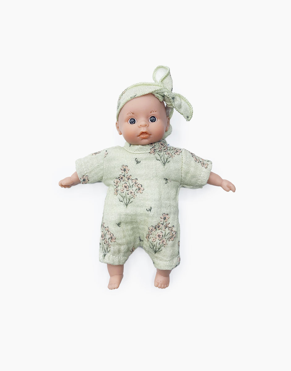 Mini poupée Téa aux yeux clairs en body et headband Fleurs des champs