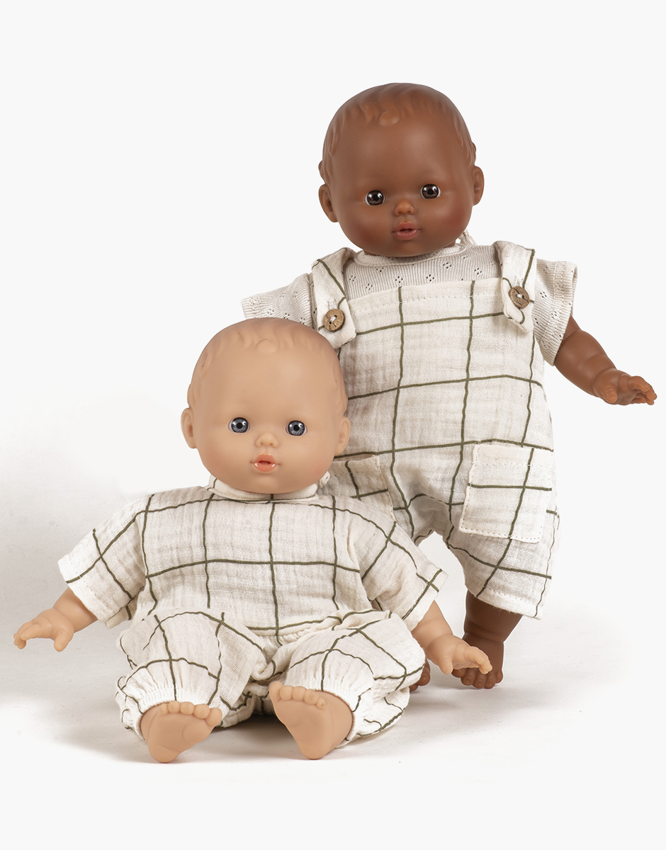 Babies – Ensemble salopette Antonin à carreaux écru/kaki et son t-shirt pointillé lin