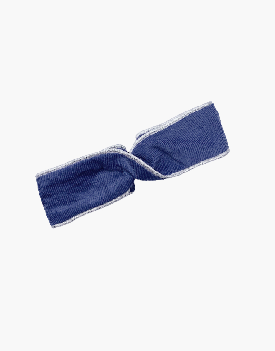 Headband croisé en milleraie bleu foncé et passepoil argent lurex