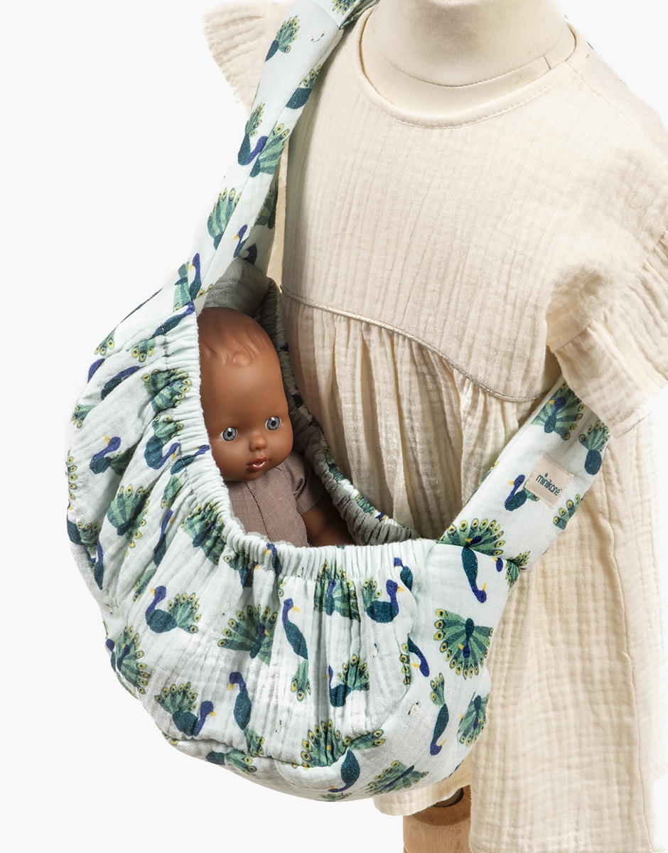 Accessoire porte-poupée hamac pour poupées et poupons Minikane Babies 28cm en coton motif Baby paon