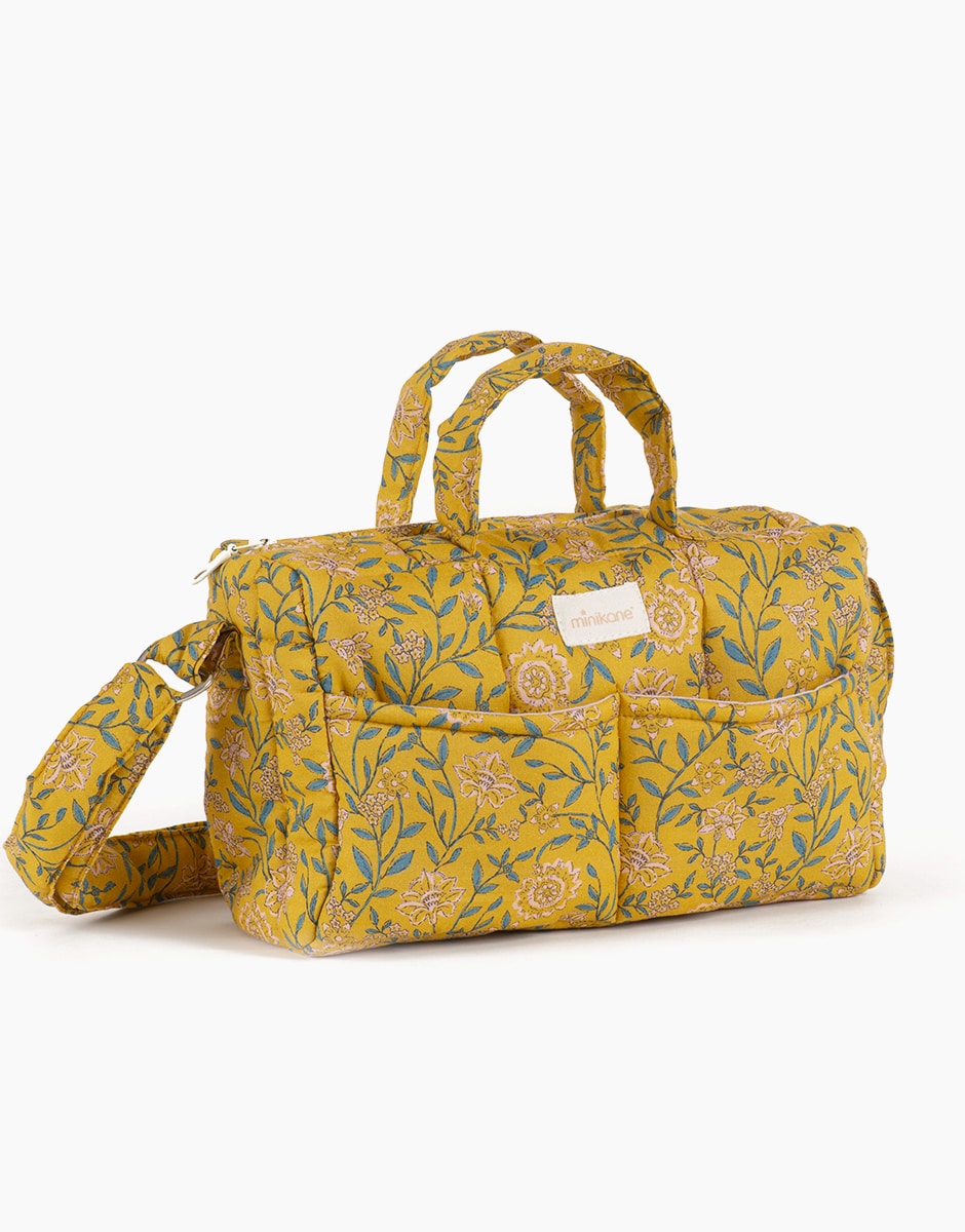 Accessoire sac à langer en coton motif Fleurs en liane moutarde pour poupées et poupons Minikane