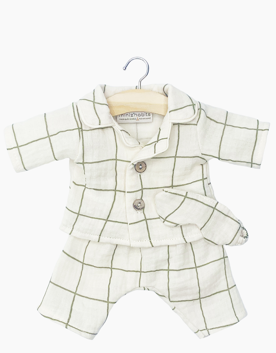 Pyjama Eden et masque Dodo en gaze de coton à carreaux écru / kaki pour poupées et poupons Minikane Gordis 34 / 37cm. Vêtements MADE IN FRANCE.