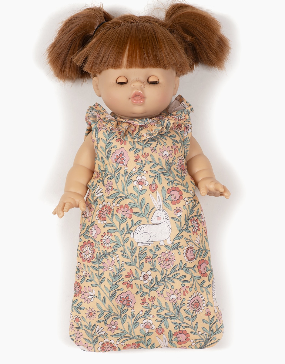 Turbulette imprimée au motif exclusif Lapin bohème pour poupée Minikane. Accessoires made in France en coton. Collection Gordis 34 & 37cm.