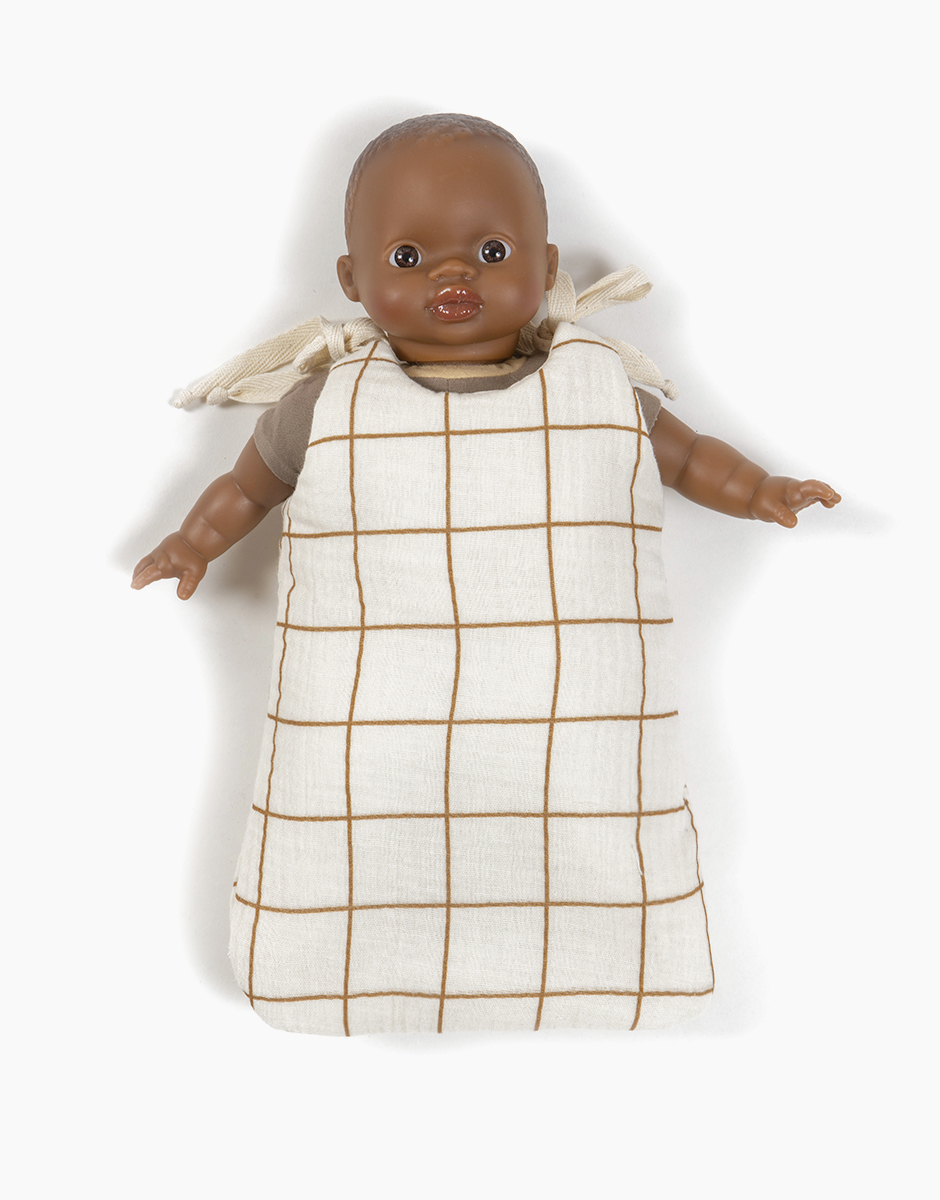 Turbulette à nouettes pour poupées Minikane Babies 28cm en gaz de coton carreaux Aldo. Accessoire en tissu MADE IN FRANCE.