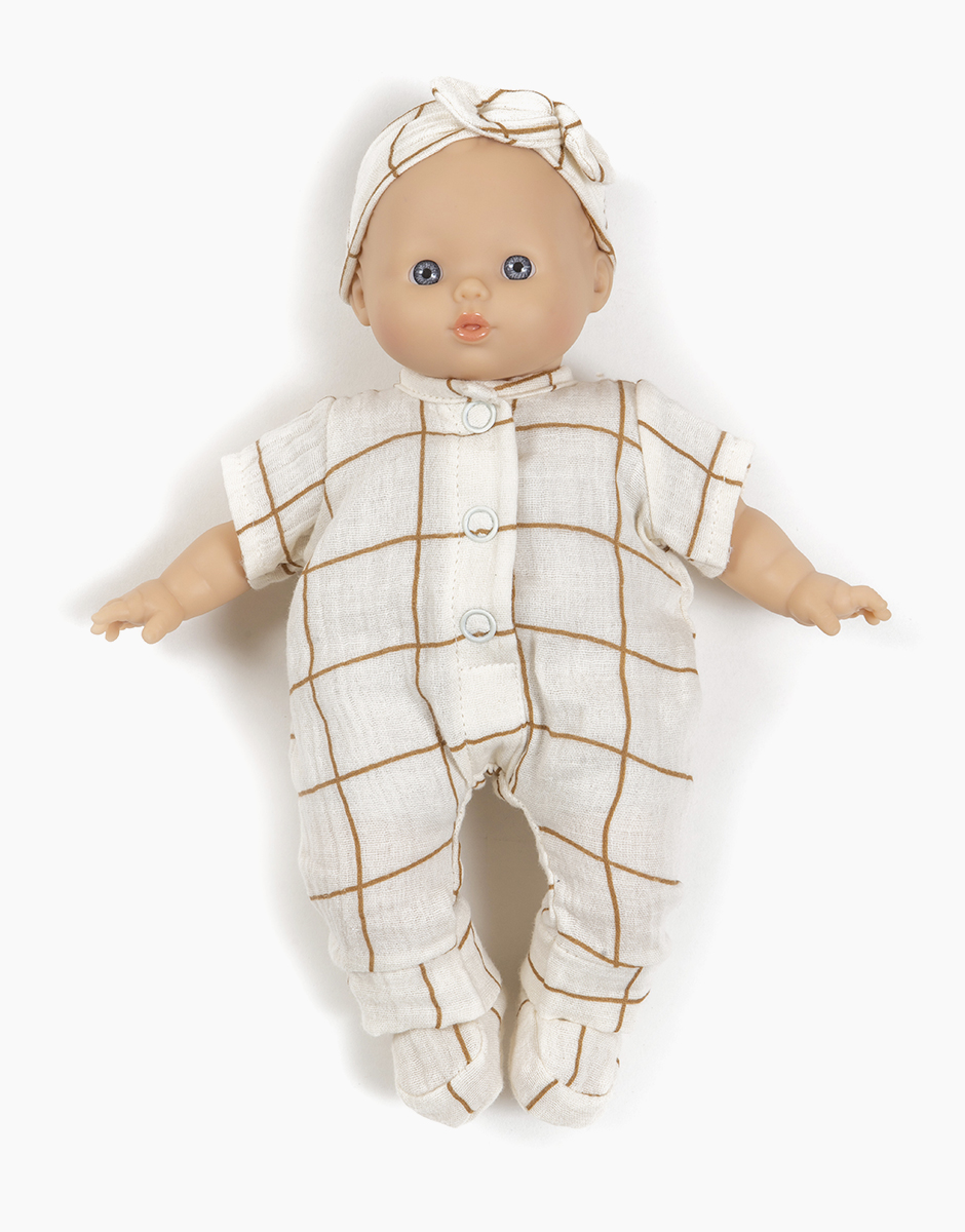 Poupée Minikane Babies 28cm Clarisse habillée de sa combinaison Lili et headband en gaze de coton carreaux Aldo. Vêtement MADE IN FRANCE.