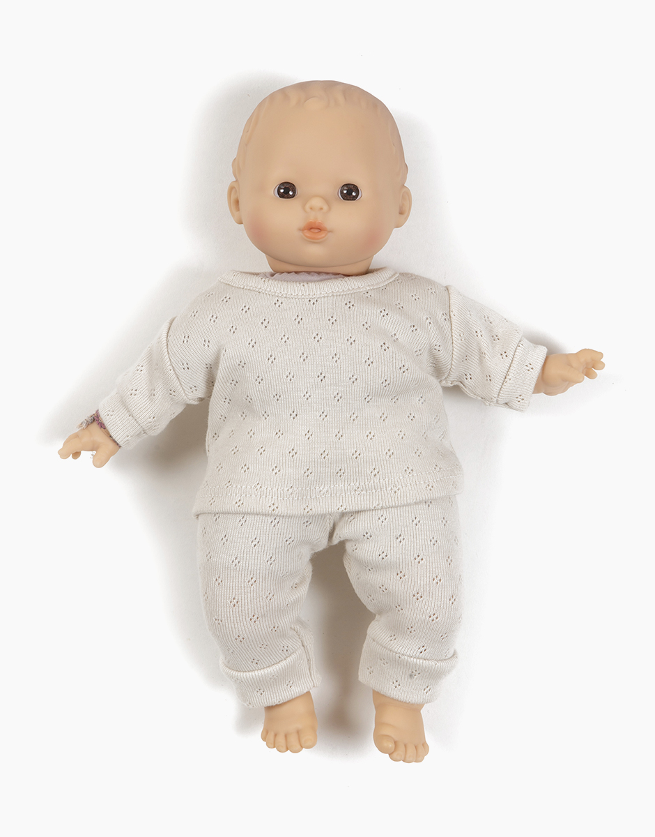 Ensemble pyjama Morgan en coton pointillé lin pour poupées et poupons Minikane Babies 28cm. Dressing MADE IN FRANCE