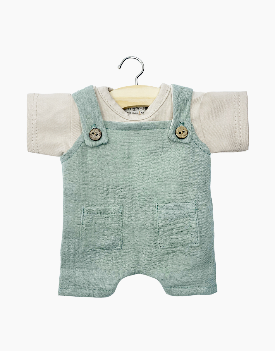 Babies – Ensemble salopette Antonin en gaze de coton vert de gris et son t-shirt en jersey lin