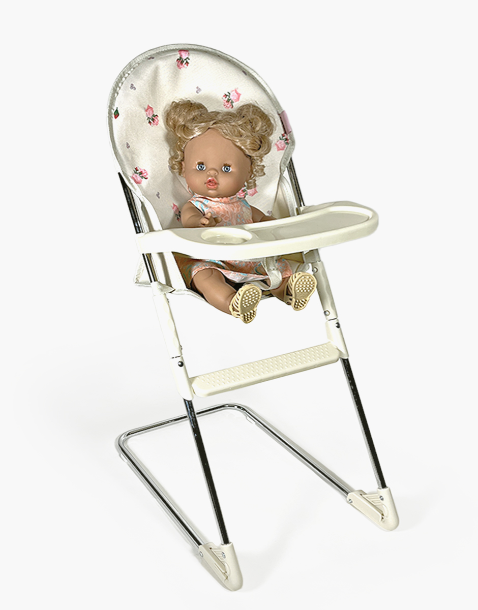 Jouet chaise haute pour poupée en plastique démontable avec garniture eugénia vintage - look avec poupée Minikane Gordis