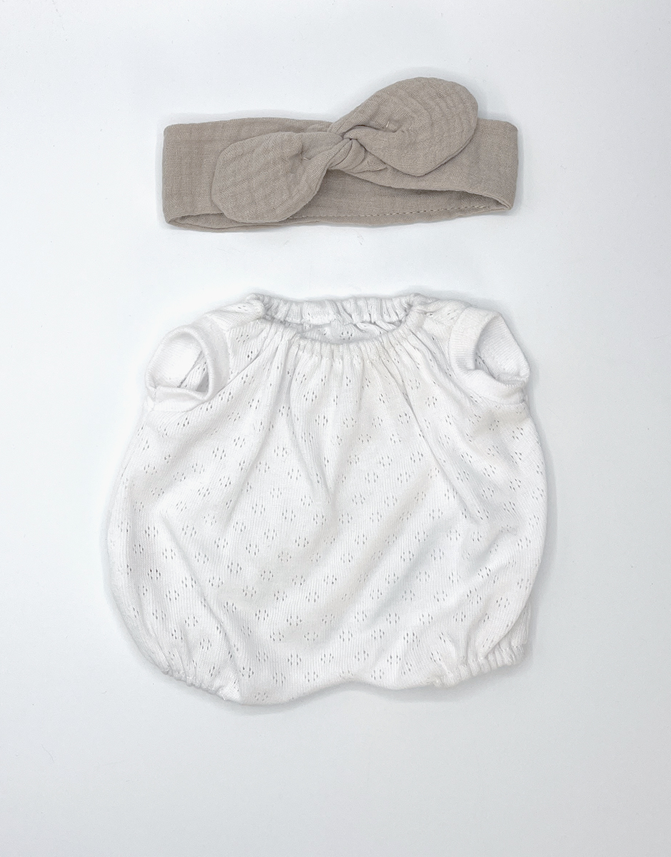 *Bambinis – Ensemble body en coton pointillé blanc et headband en gaze de coton galet