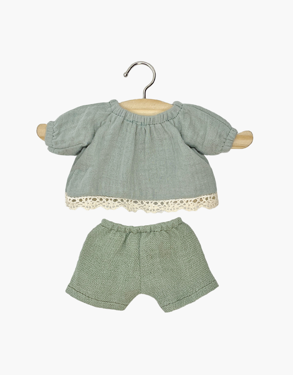 Amigas – Ensemble top blouse Rosalie en gaze de coton vert de gris et short en lin vert