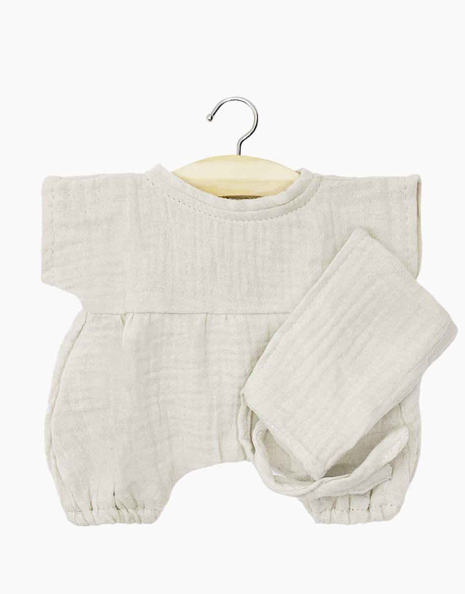 Babies – Combinaison Noa et béguin pointu en gaze de coton grège avec pochon