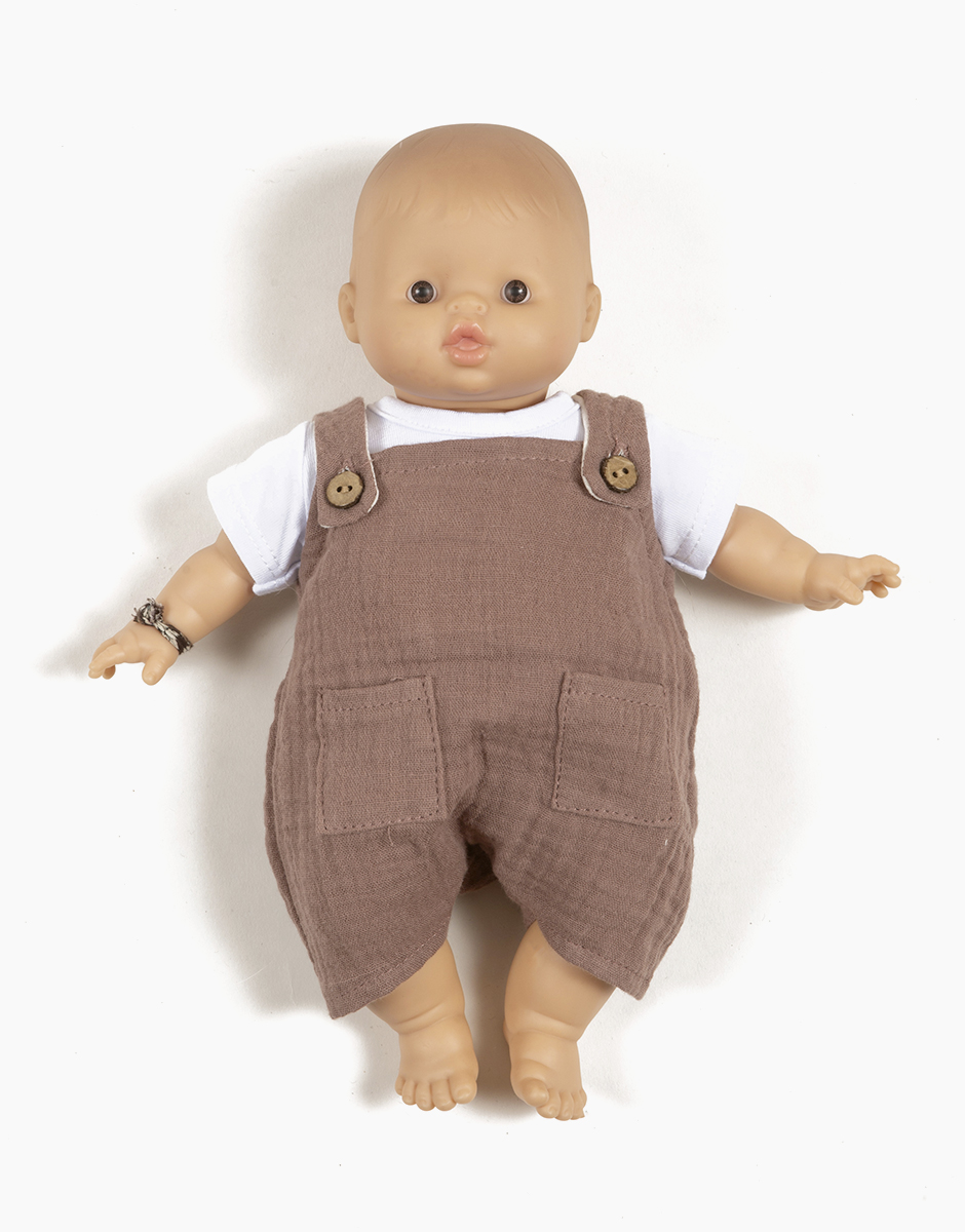 Babies – Ensemble salopette Antonin en gaze de coton châtaigne et son t-shirt en jersey blanc