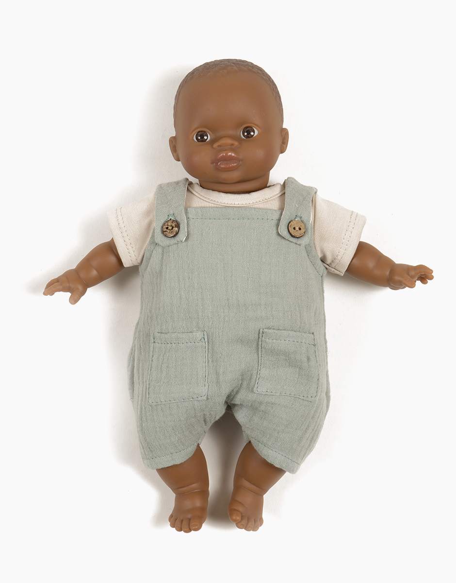 Babies – Ensemble salopette Antonin en gaze de coton vert de gris et son t-shirt en jersey lin