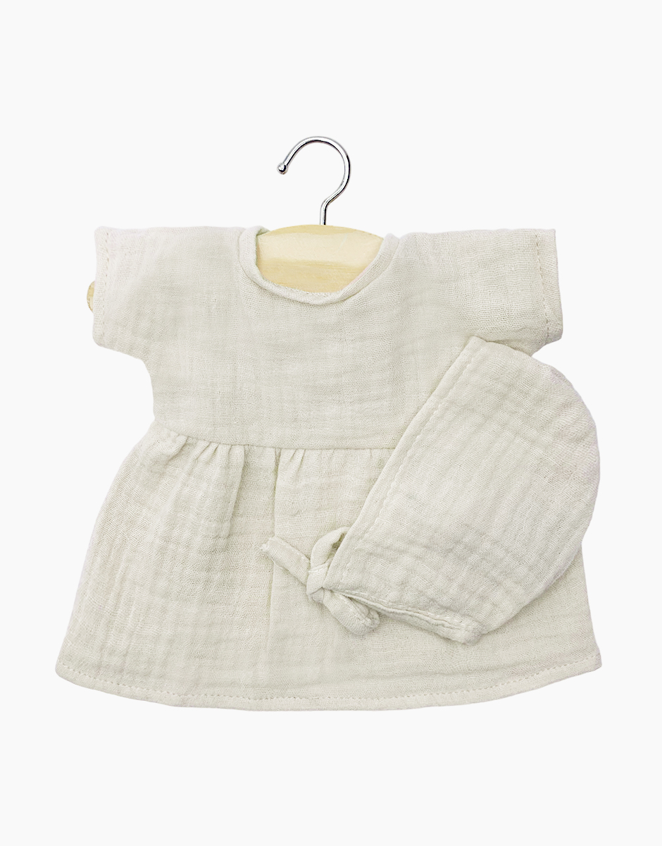 Babies – Robe Faustine et béguin rond en gaze de coton grège avec pochon