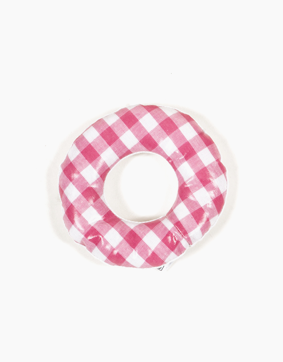 Accessoire bouée de plage "Donut" en coton enduit Vichy rose pour Minis poupées 17cm. MADE IN FRANCE.