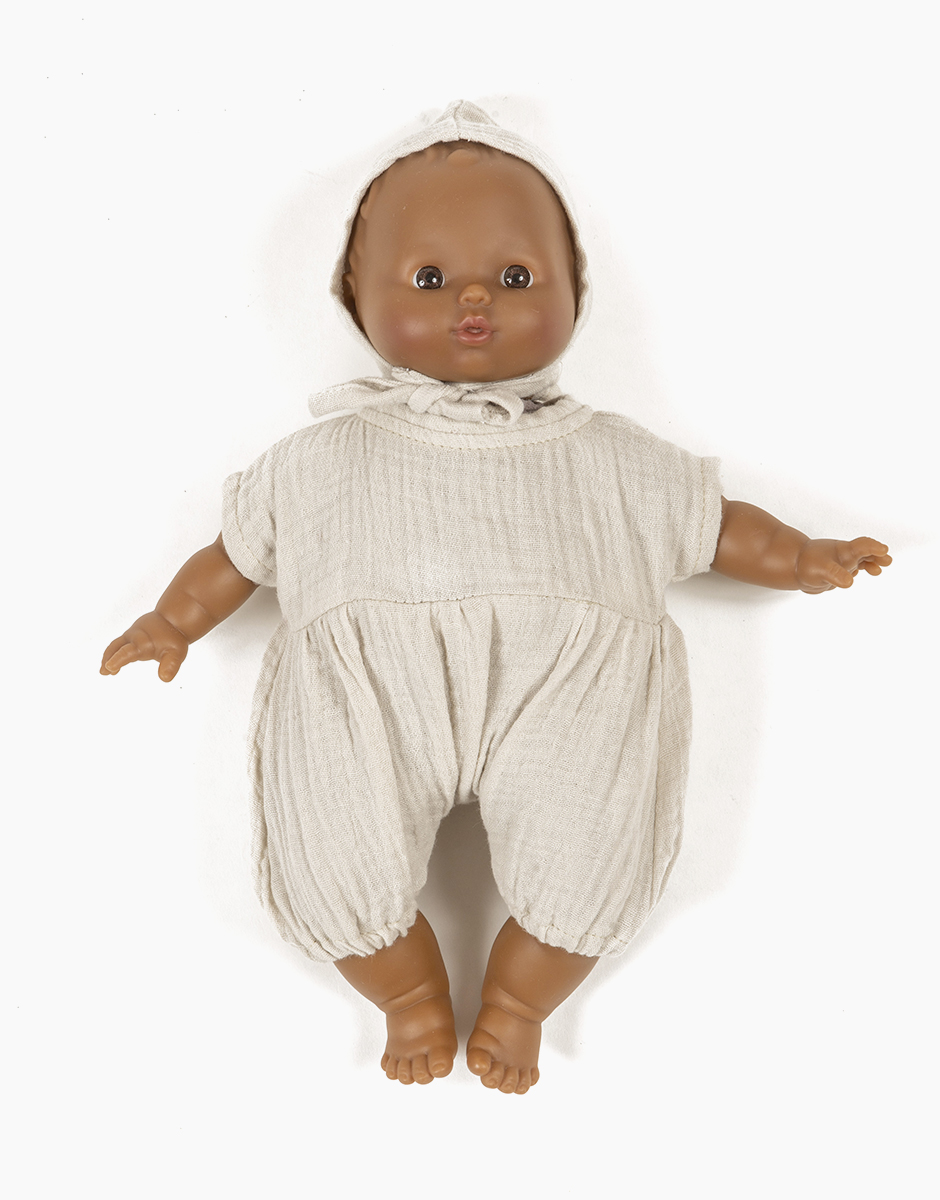 Babies – Combinaison Noa et béguin pointu en gaze de coton grège avec pochon