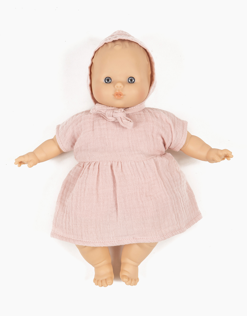 Babies – Robe Faustine et béguin rond en gaze de coton pétale avec pochon
