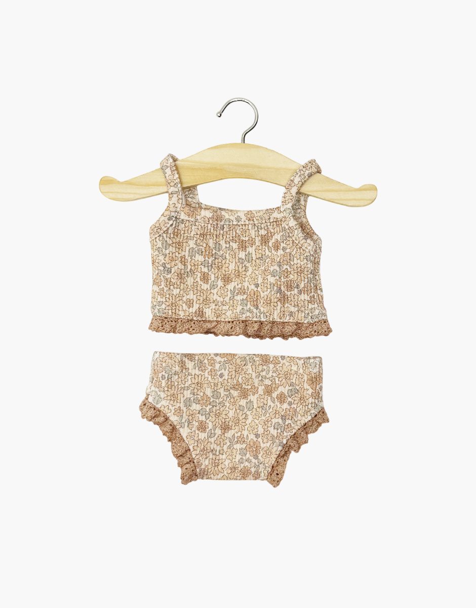 Dessous fille en maille côtelée Petites fleurs cacao et sa dentelle
