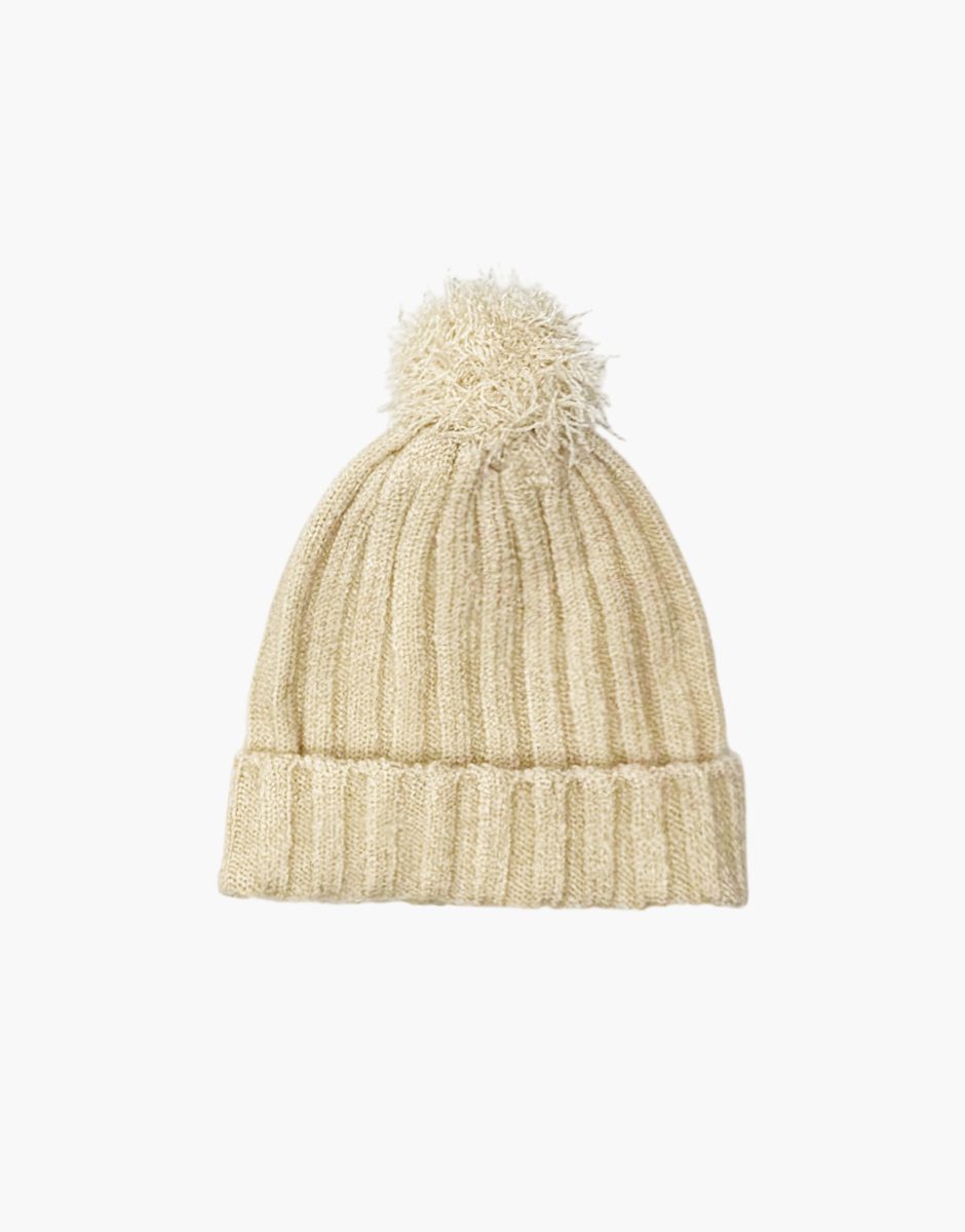 Bonnet Barry en tricot crème avec pompon et son pochon