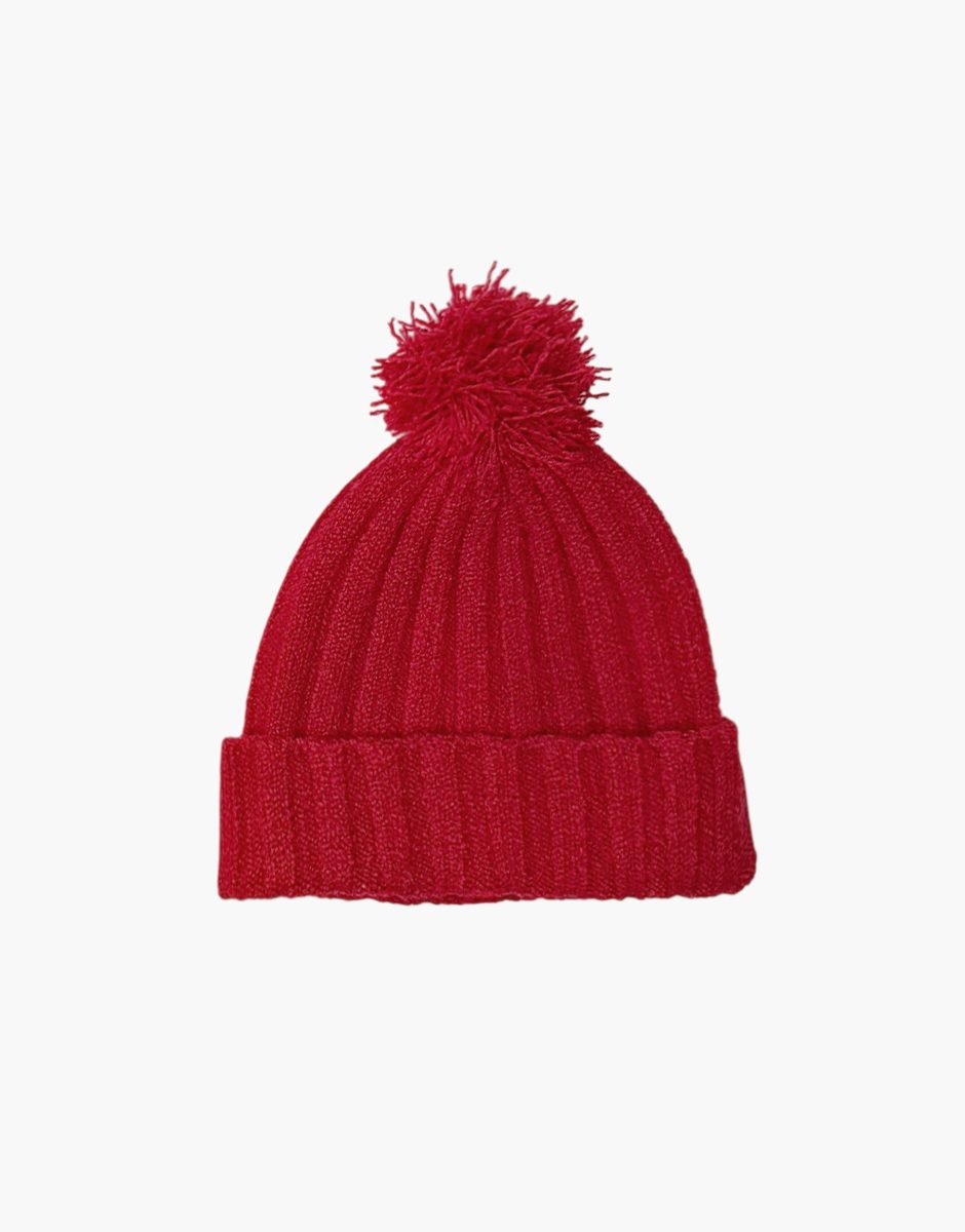 Bonnet Barry en tricot rouge avec pompon et son pochon