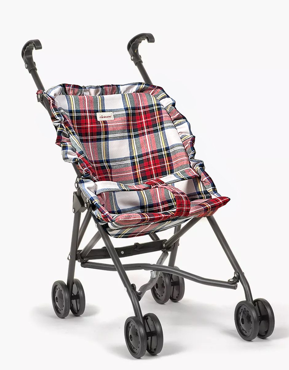 Poussette poupée à volants Christmas à carreaux Tartan écru sur châssis noir