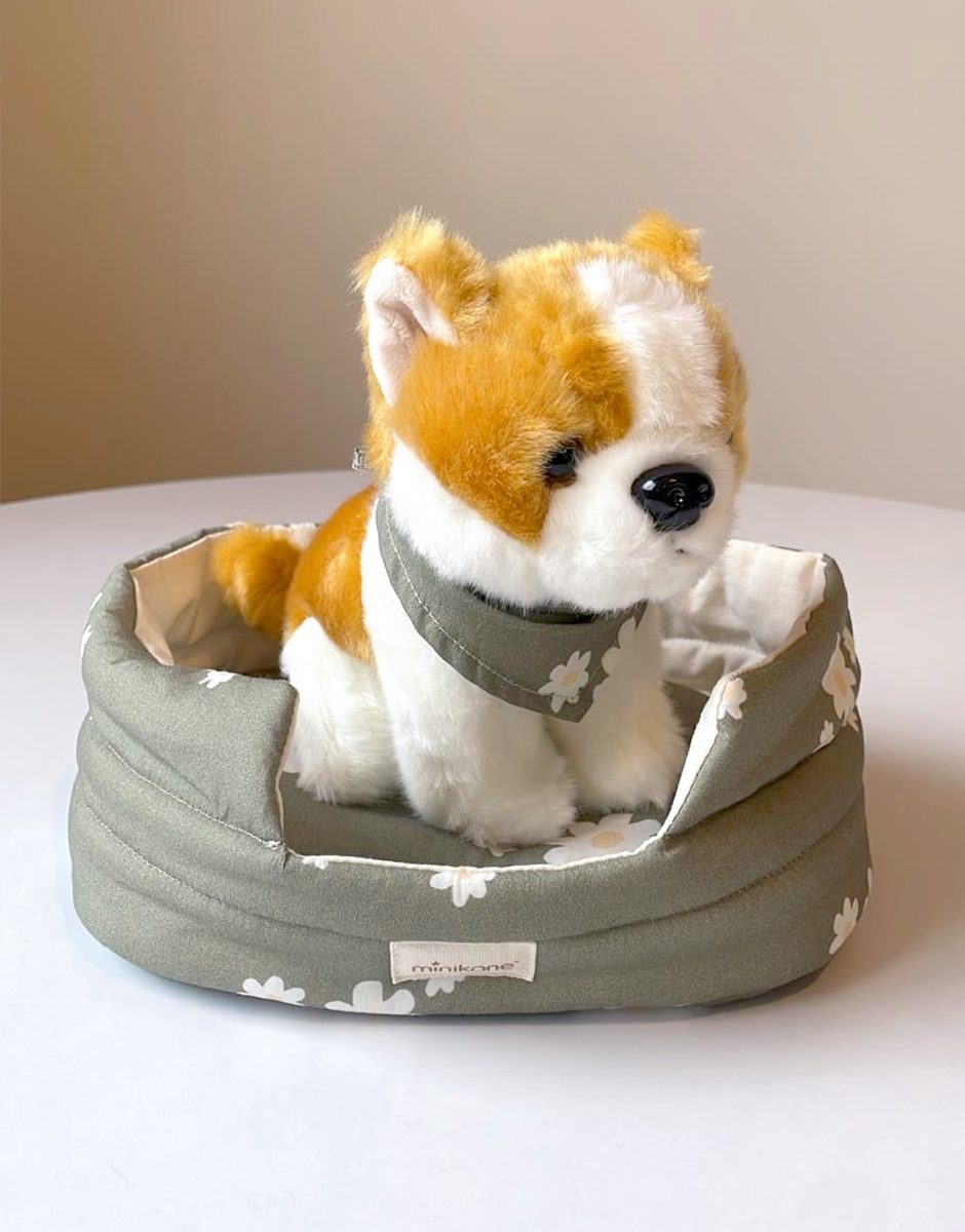 *Peluche de chien 18cm avec bandana et panier ouatiné en coton Marguerites