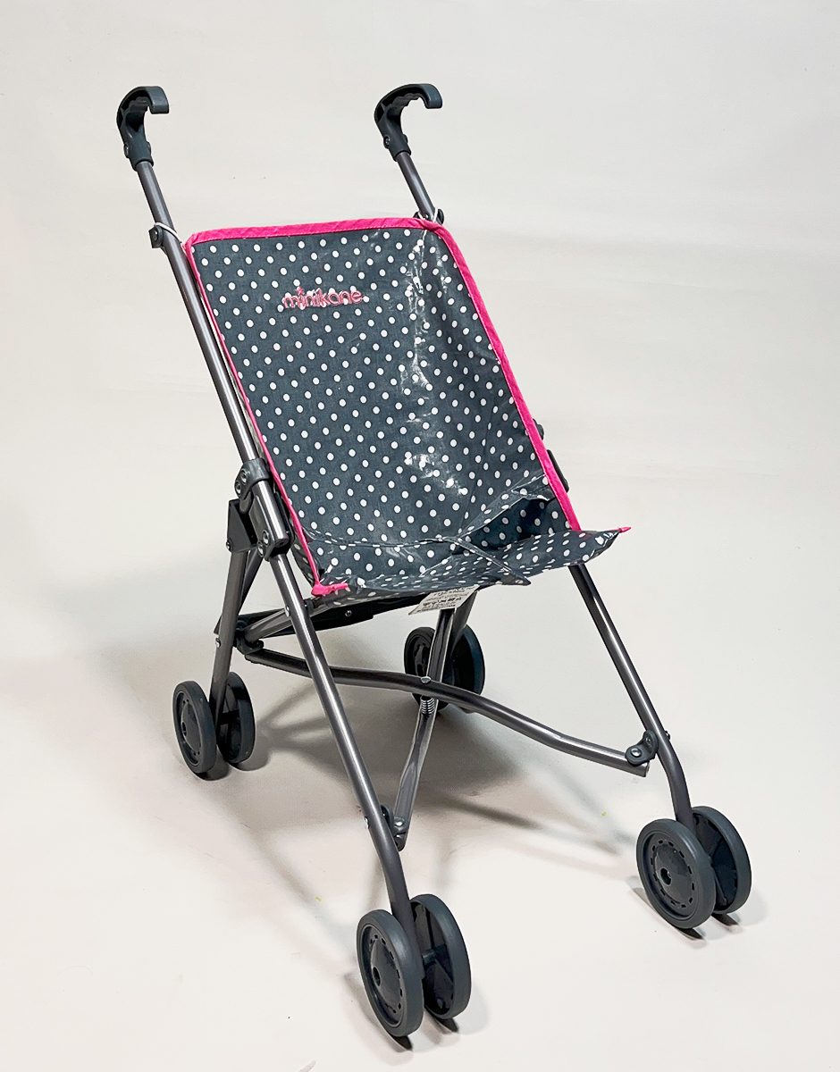 *Poussette poupée avec assise en coton enduit Petits pois blancs sur fond gris