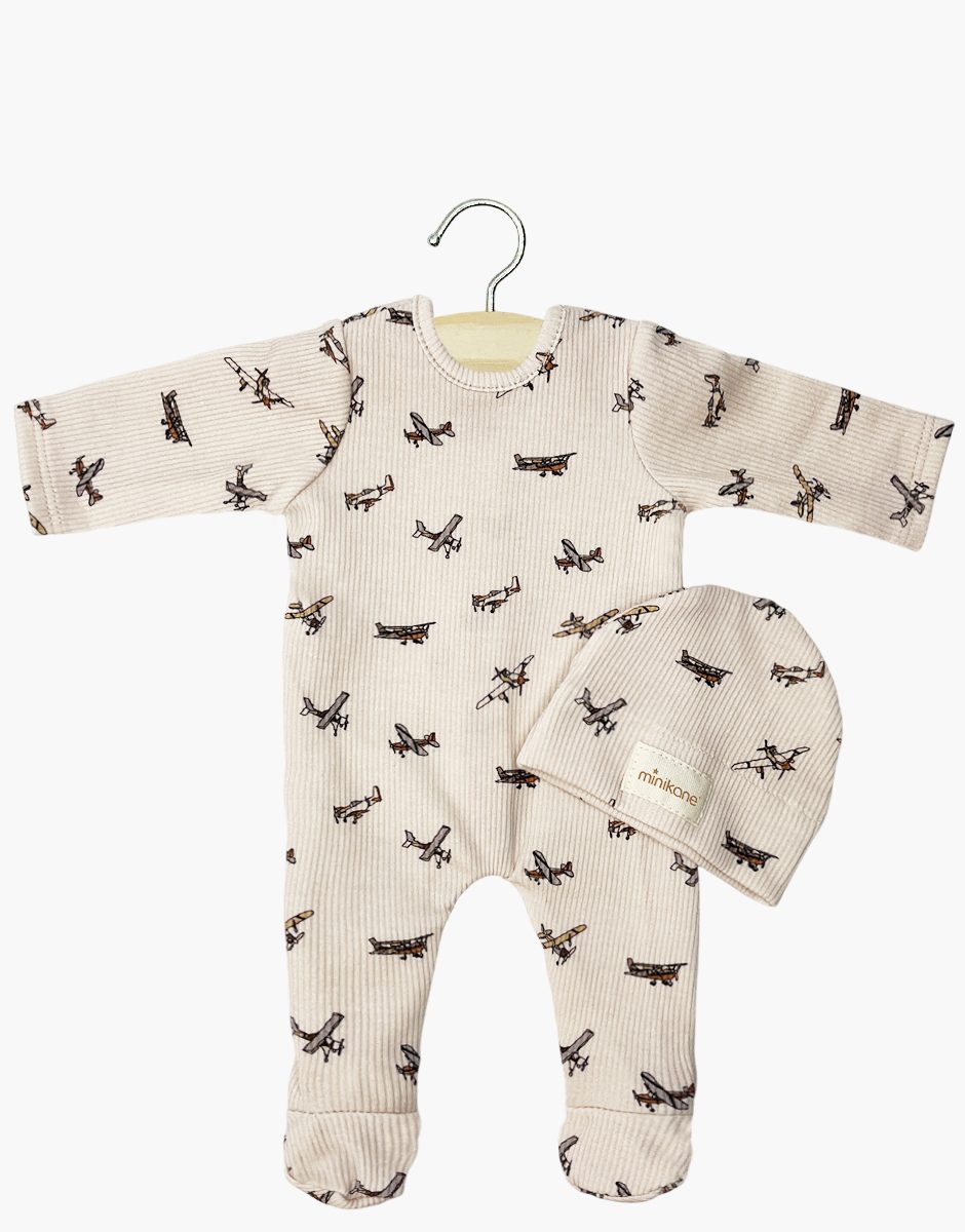 Bambinis - Dors bien Angelo en maille côtelée Petits avions beige et son bonnet