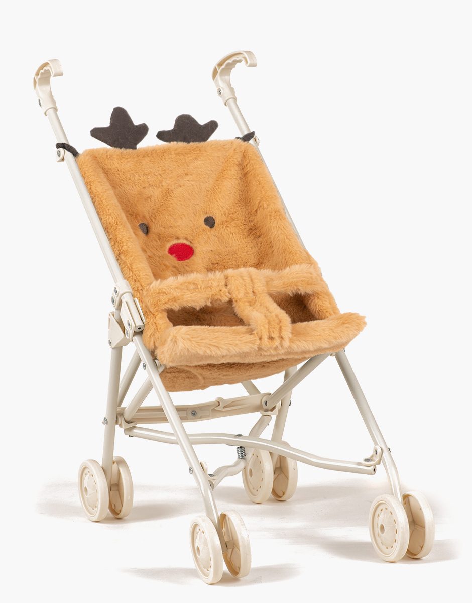 Poussette poupée Rudolph en fausse fourrure camel sur châssis crème
