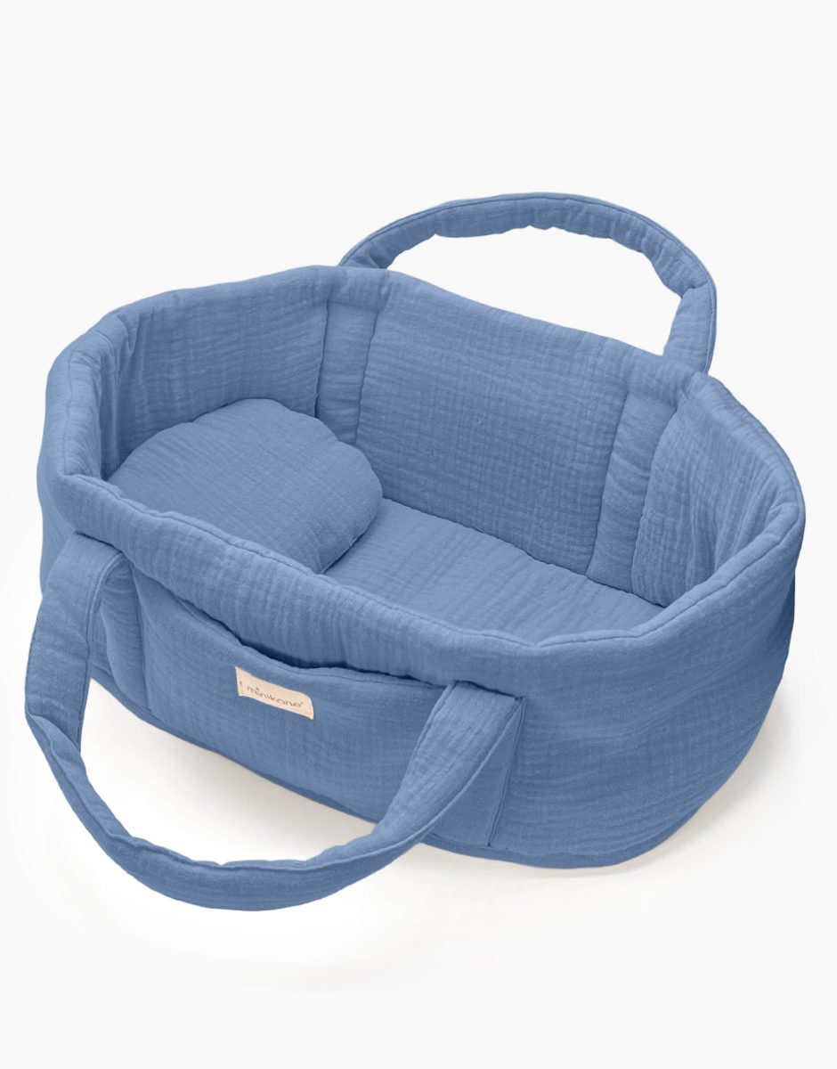 Couffin poupée et son oreiller en gaze de coton bleu jean