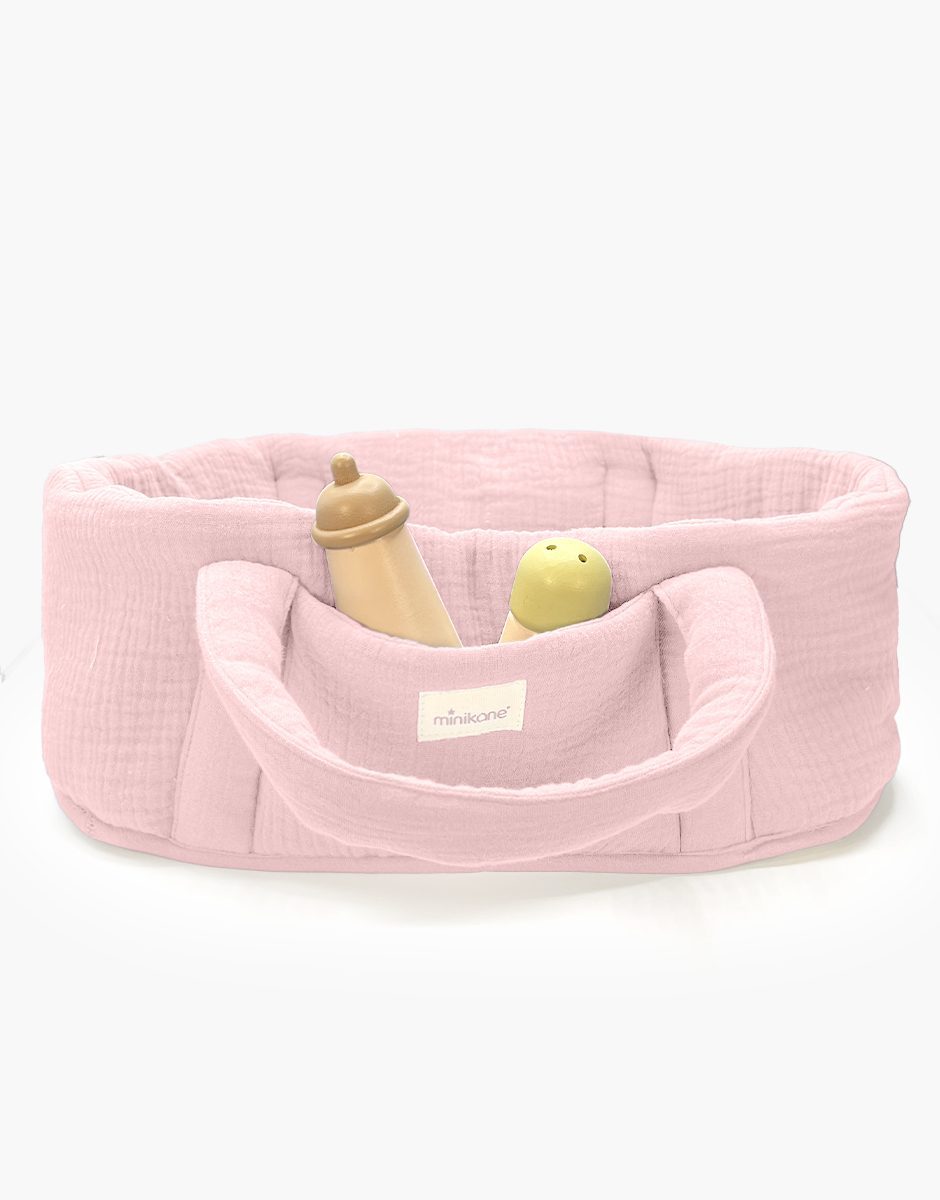 Couffin poupée et son oreiller en gaze de coton fraise