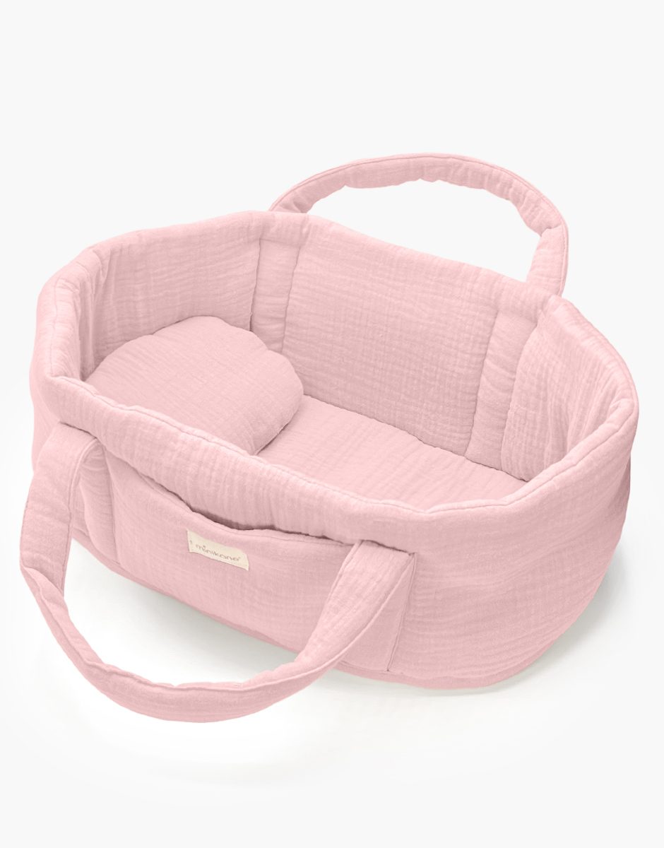 Couffin poupée et son oreiller en gaze de coton fraise