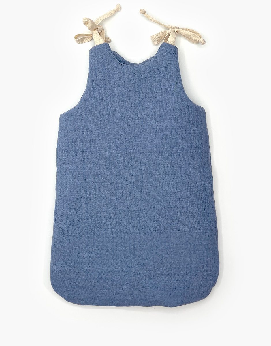 Turbulette poupée à nouettes en gaze de coton bleu jean