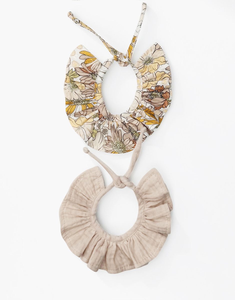 Lot de 2 collerettes gaze de coton mastic / Fleurs pastels pour poupées Minikane