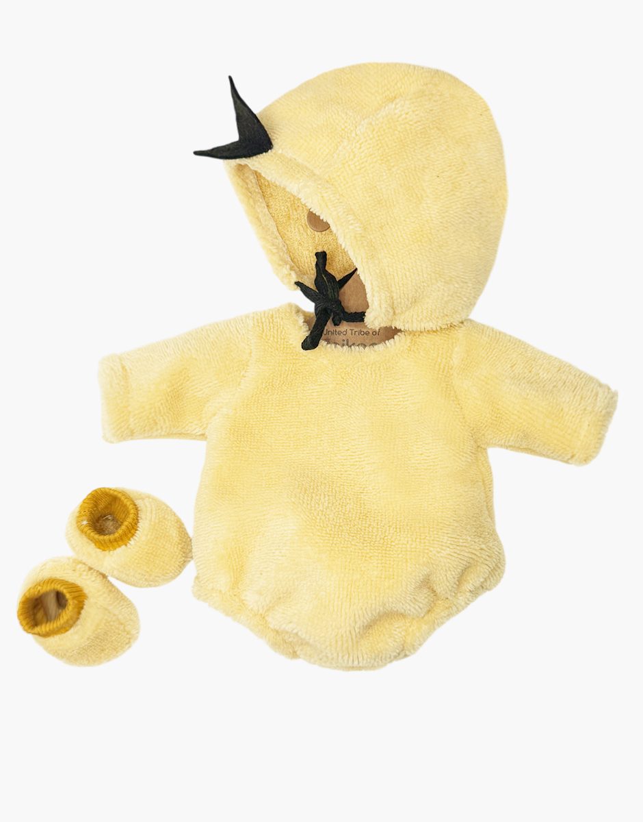 Déguisement de poussin en molleton éponge jaune pour poupées Minikane Gordis 34/37cm.