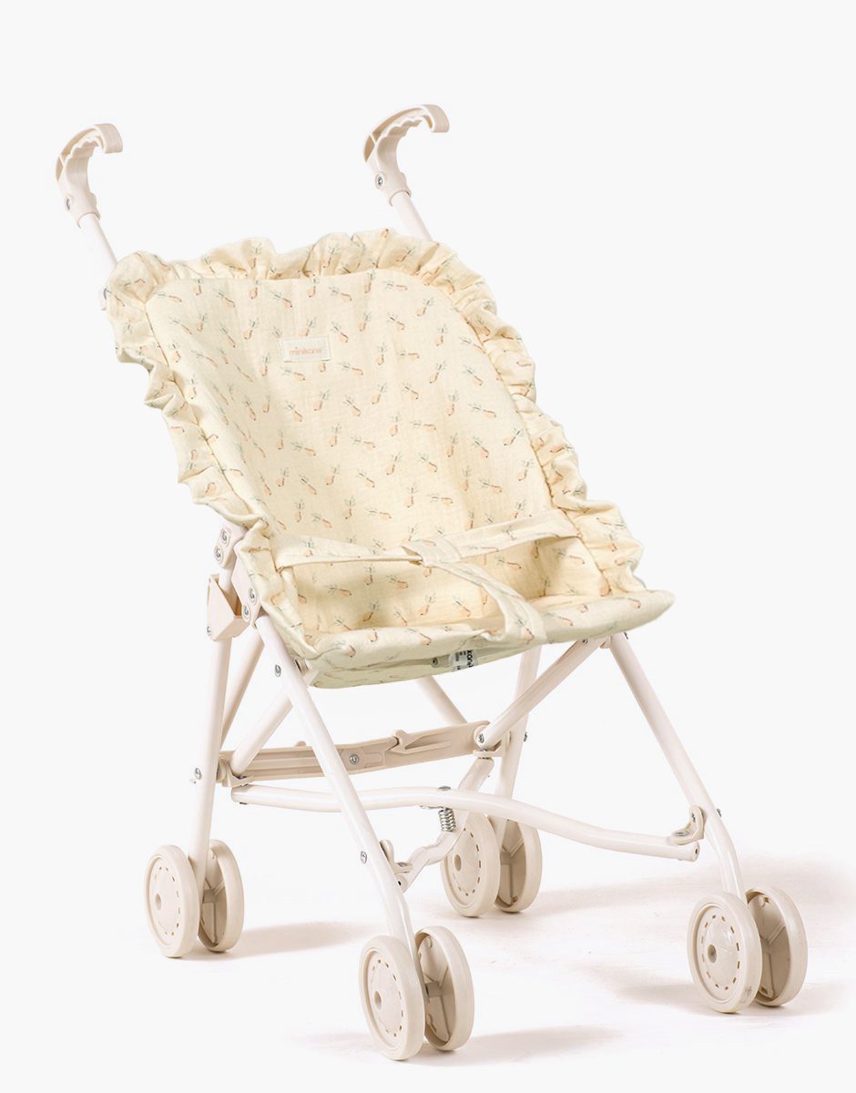 Poussette poupée à volants en gaze de coton Hélène sur châssis crème