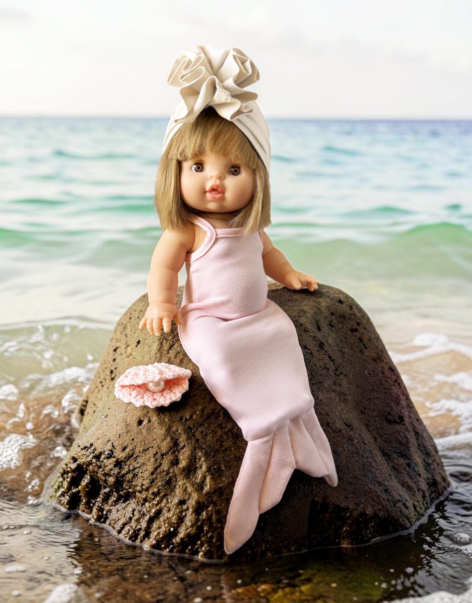 Les P’tits Déguiz’ – Ensemble Sirène des mers & coquillage perlé rose avec turban fleur écru