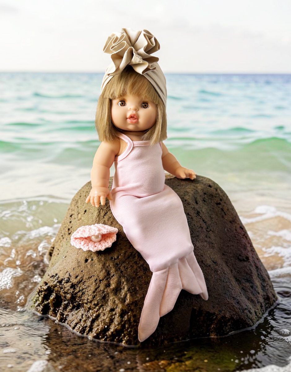Les P’tits Déguiz’ – Ensemble Sirène des mers & coquillage perlé rose avec turban fleur lin