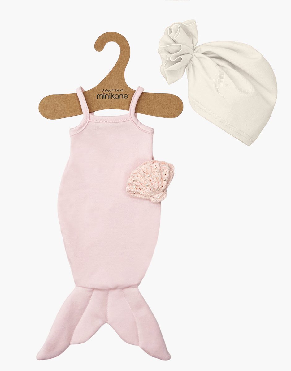 Les P’tits Déguiz’ – Ensemble Sirène des mers & coquillage perlé rose avec turban fleur écru