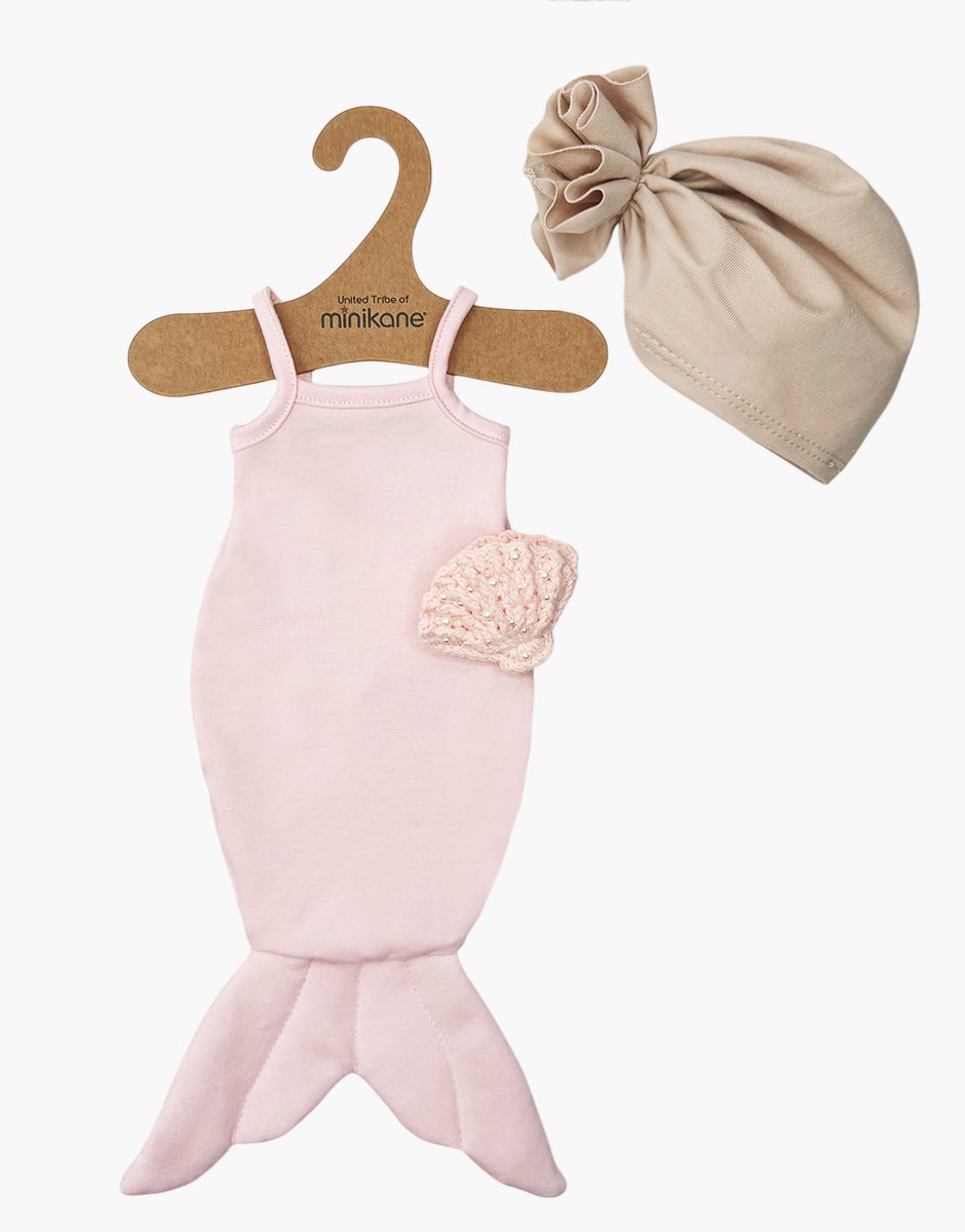 Les P’tits Déguiz’ – Ensemble Sirène des mers & coquillage perlé rose avec turban fleur lin