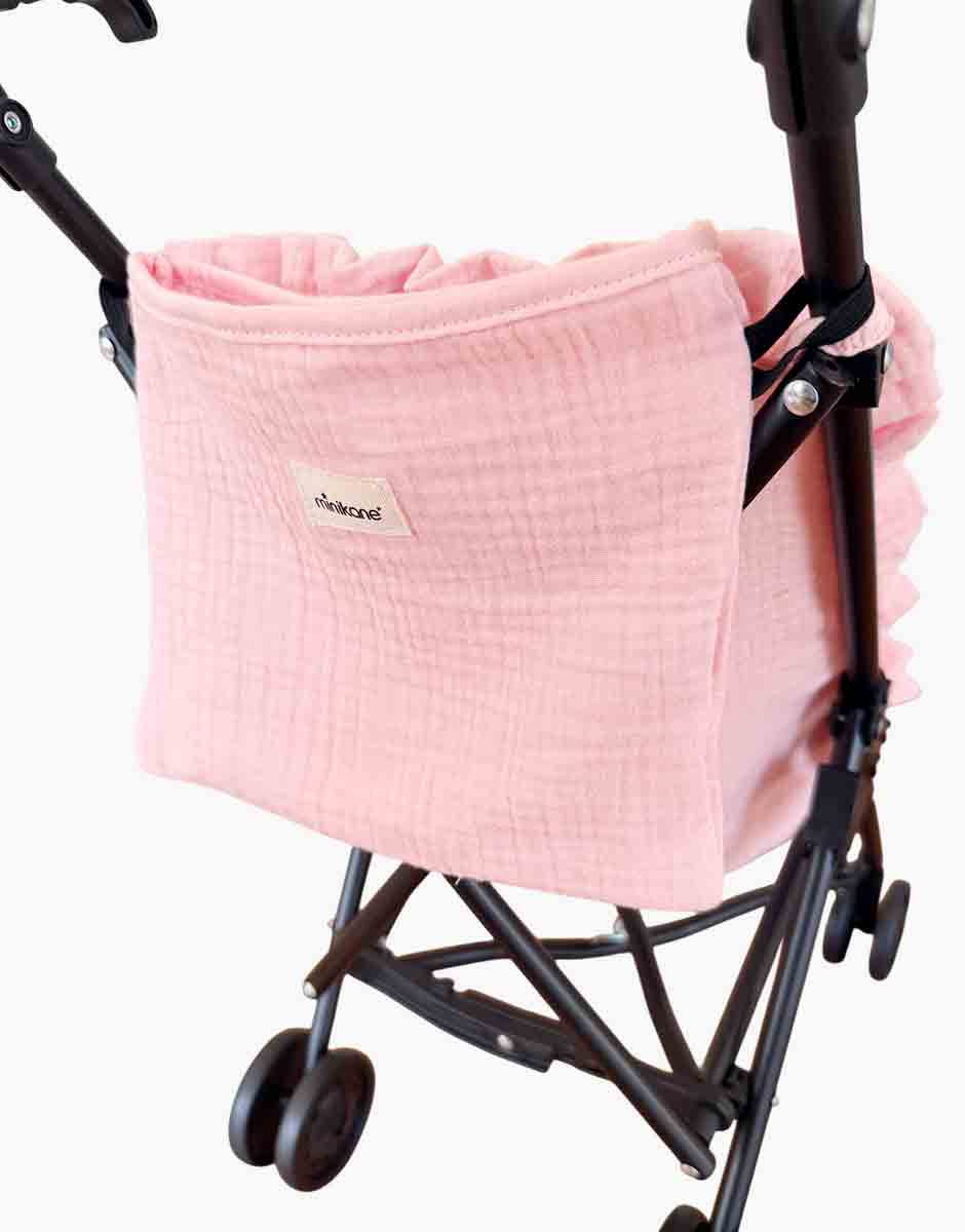 Poussette poupée quiltée à volants Victoria sur châssis noir et son pochon