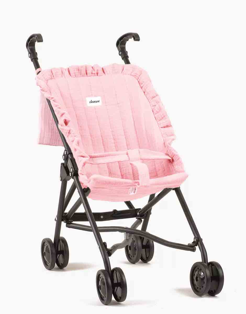 Poussette poupée quiltée à volants Victoria sur châssis noir et son pochon