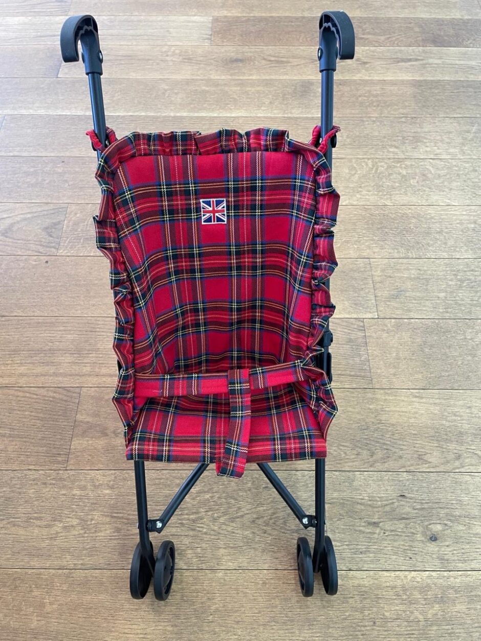 *Poussette poupée avec assise en coton carreaux Tartan rouge sur châssis noir