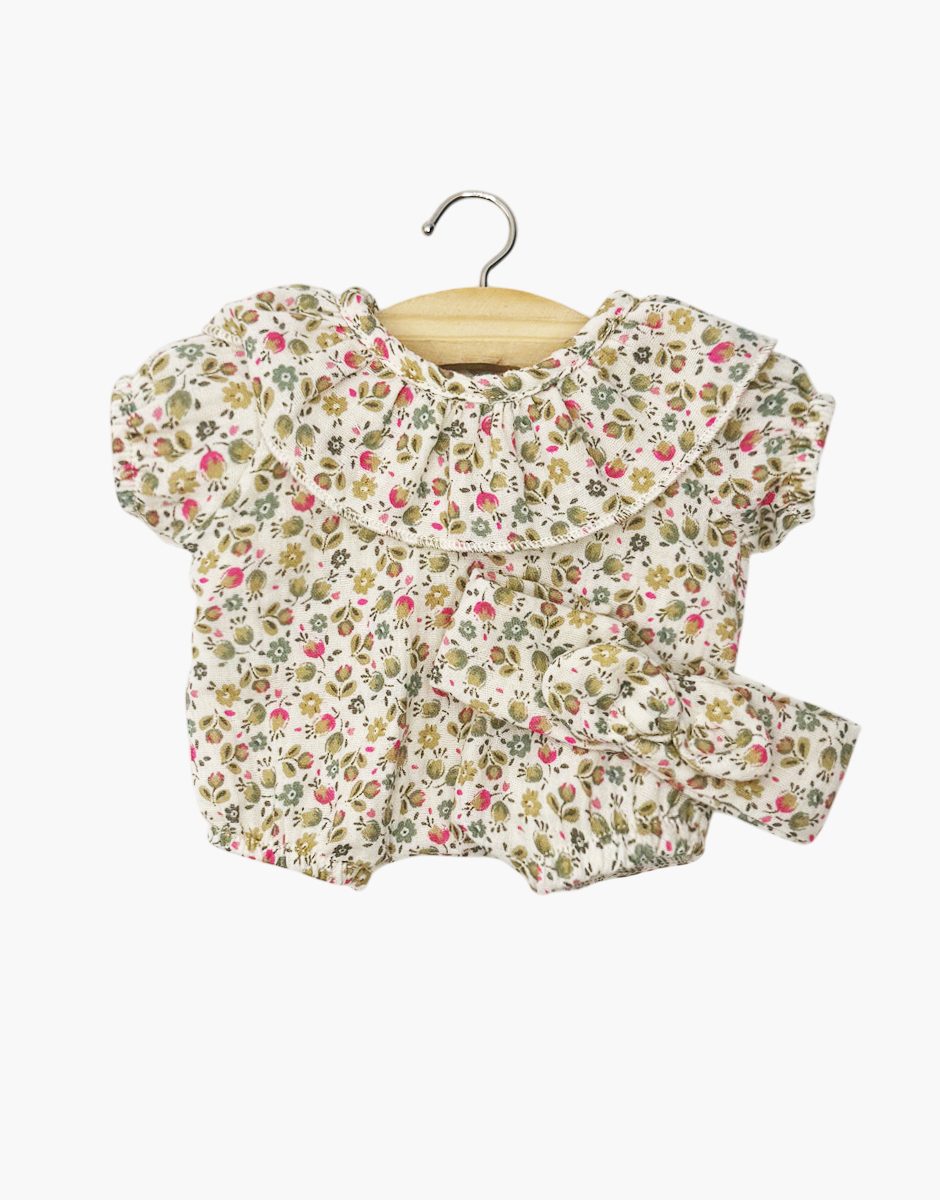 Babies - Barboteuse à collerette Éva et son headband en gaze de coton Petites fleurs fushia