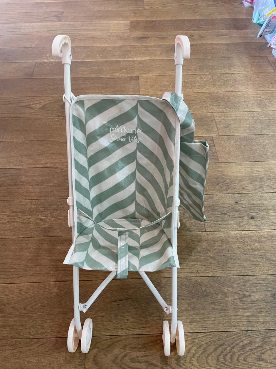 *Poussette poupée stripes vert de gris sur châssis crème et son tote bag assorti